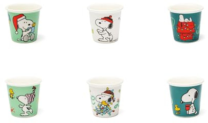 Excelsa Peanuts Shiny & Bright Set 6 Bicchierini Caffè Espresso, Porcellana New Bone China, Verde e Bianco, Decorati con Snoopy Natalizio, 6x6x6 cm, 90 ml