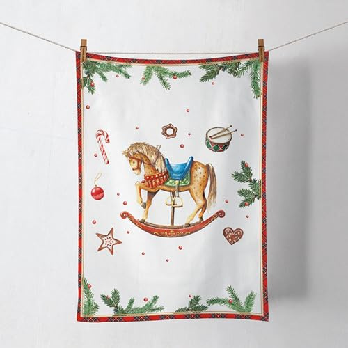 Ambiente Küchentuch Geschirrtuch Deko Küche 70 x 50 cm 100% Baumwolle Schaukelpferd Weihnachten Advent weiß bunt