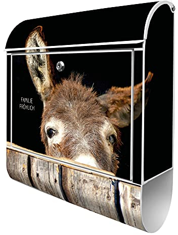 banjado® Design Briefkasten personalisiert mit Esel 38,5x46,5x13cm & 2 Schlüssel - Briefkasten Stahl weiß mit Zeitungsfach pulverbeschichtet - Postkasten A4 Einwurf inkl. Montagematerial
