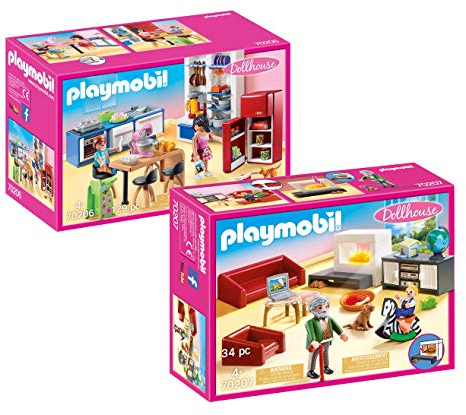 PLAYMOBIL® Möbelset für 70205 Dollhouse Puppenhaus oder 9266 Modernes Wohnhaus: 70206 Küche + 70207 Wohnzimmer