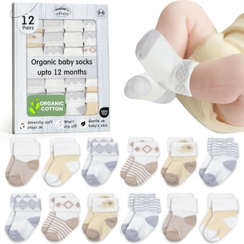 Mother's Choice Calcetines de algodón orgánico para bebé, 12 pares, unisex, de 0 a 6 meses, suaves, hipoalergénicos, para recién nacidos y bebés, regalos para bebés y niñas (12 unidades, marrón)