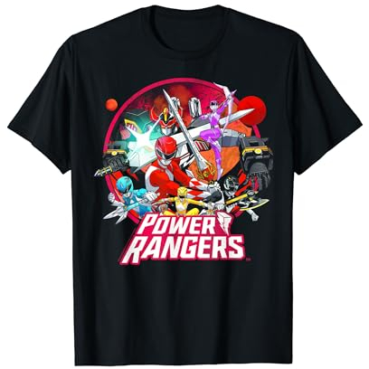 Power Rangers Vintage Comic Style Group Action Circle T-Shirt