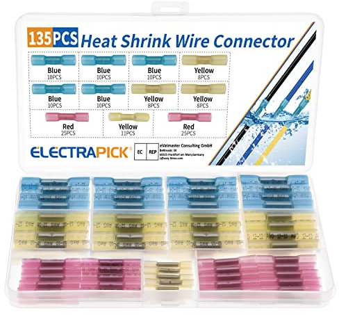 electrapick 135 PCS Heat Shrink Wire Connectors, Waterproof Marine Automotive Grade Terminal Set Electrical Wire Crimp Connector Assortment 10-22 AWG with case