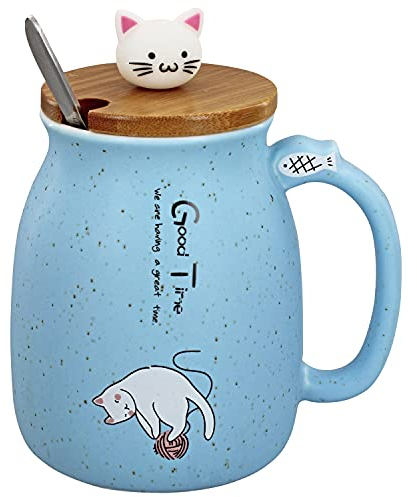 G Decor Cute Cat Tea Coffee 500ml Ceramic Mug Cup, Matching Wooden Lid and Metal Spoon, Novelty Drinkware for Morning or Evening Drink (Blue)