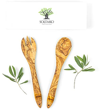SOLTAKO Ustensiles de Cuisine, Couverts à Salade en Bois d’Olivier 30 cm, Cuillères de Cuisine, Ensemble de Fourchette et Cuillère en Bois Brut, Vaisselle et Art de la Table, Cuisine Accessoires