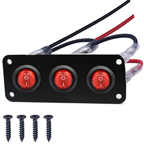 RUNCCI-YUN 12V/24V Schalter Panel,3 Gang, ON-OFF Auto Kippschalter Panel, SPST 3 Polig 2 Position Runden Wippschalter Kippschalter Panel mit Rot LED Licht für RV, Auto, Yacht, Marine