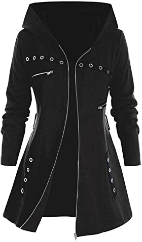 Masrin Gothic Winterjacke mit Kapuze Damen Lang Einfarbige Punk-Sweatjacke mit Gürtel Langarm Cardigan Kleider Übergangsjacke mit Reißverschluss A-Linie Kleid Mantelkleid Trenchcoat Windbreaker