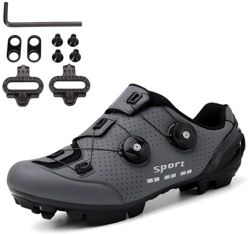 SDEQA Fahrradschuhe MTB Für Herren Damen, Fahrradschuhe Mountainbike Schuhe Kompatibel Mit SPD 2 Schrauben Mit Cleats, Unisex Radsportschuhe,Grau,45 EU