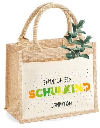 AMBERGER DESIGN by A&M Osterhage amd Jute-Tasche Schulanfang Motiv Schulkind Dinosaurier | Jute-Beutel Kinder personalisiert | Größe S Geschenk Einschulung Dionfreunde
