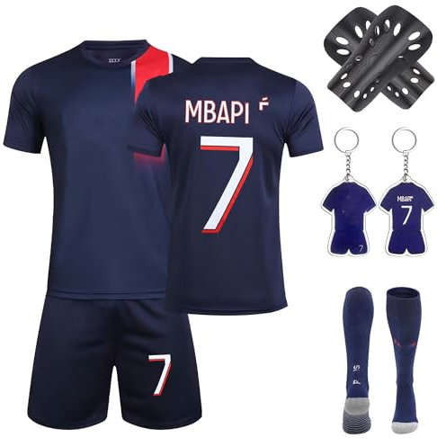 yumcute Fußball Trikot Set für Jungen im Alter von 12-13 Jahren: T-Shirt, Shorts, Socken, Schienbeinschoner und Schlüsselanhänger - Blau, Einfarbig, Polyester, Locker, Sportlich