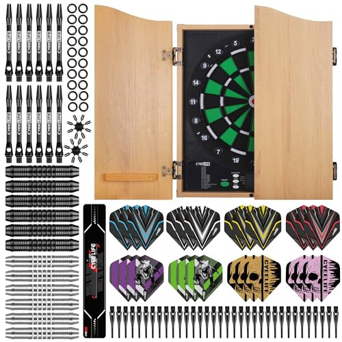 CyeeLife Diana electrónica con Puertas de gabinete, máquina de Dardos con computadora de Juego, Incluye 12 Dardos Suaves y Accesorios, 34 Juegos y 355 Variantes, Modo para 8 Jugadores