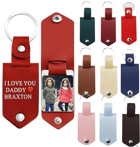 Porte-clés en cuir avec photo personnalisée – Porte-clés avec image double face gravée pour papa, mari et petit ami, Rouge, Medium