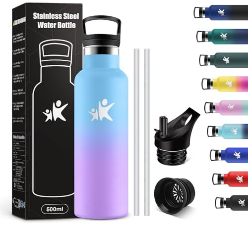 KollyKolla Thermosflasche 500ml, Trinkflasche Kohlensäure Geeignet, Auslaufsicher Wasserflasche mit Strohhalm, BPA-Frei, Isolierflasche Doppelwandig, Wasserflasche für Schule, Camping, Reisen