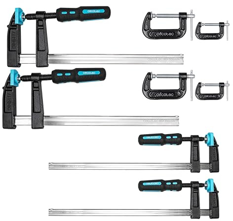 Cecotec Schraubzwingen-Set StrongComfort 4400 Force, 8-tlg, 4 Zwingen 300 mm (2x80 mm + 2x50 mm), bis 350 kg, DIN 5117, Schonpads, rutschfester 2K-Griff, 4 Klemmen 1/2 Zoll