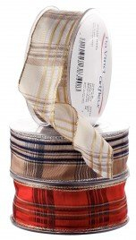 Geschenksband Stoffband Band Dekorationsband Geschenkband Schleifenband Tischband Drahtband Band mit Drahtkante 40 mm x 20m blau / braun kariert mit Silber NEU!