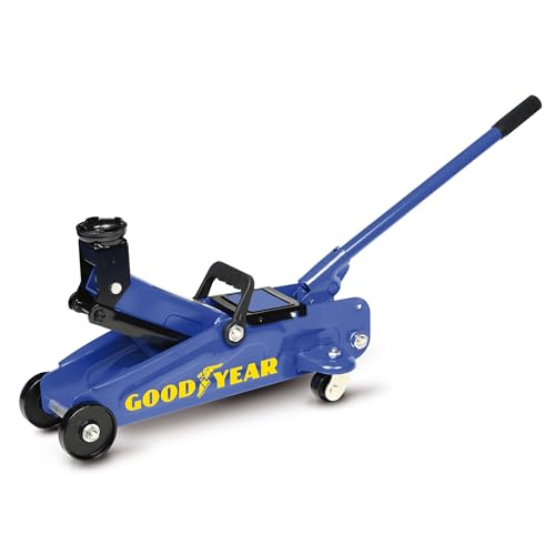 Goodyear 77468 Hydraulischer Rangierwagenheber 2 Tonnen, mit Fahrgestell und 360° Lenkrollen, Stahlrahmen und Stahlarm, Abnehmbare Hebelstange mit Gummigriff