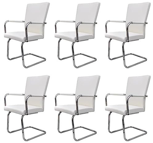 vidaXL Freischwinger 6 STK., Schwingstuhl mit Armlehnen Rückenlehne, Esszimmerstuhl mit Eisenbeinen, Essstuhl Küchenstuhl Stuhl Esszimmer Küche, Weiß Kunstleder