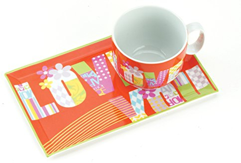Tognana Set da colazione Love in porcellana, composto da un vassoio rettangolare e una grande tazza da colazione