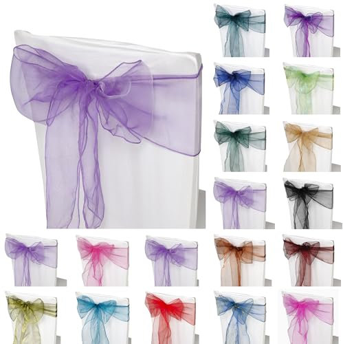 Trimming Shop 25pcs Lilac Purple Organza Sashes for Chairs Wider Sash Fuller Bow Chair Cover Bow Sashes for Wedding, Birthday, Reception, Anniversary Party Decoration, 17x280cm