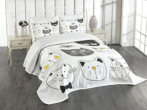 ABAKUHAUS Katze Tagesdecke Set, Stilvolle Katzen mit Fisch, Set mit Kissenbezug Moderne Designs, für Einzelbetten 170 x 220 cm, Gelb Grauen