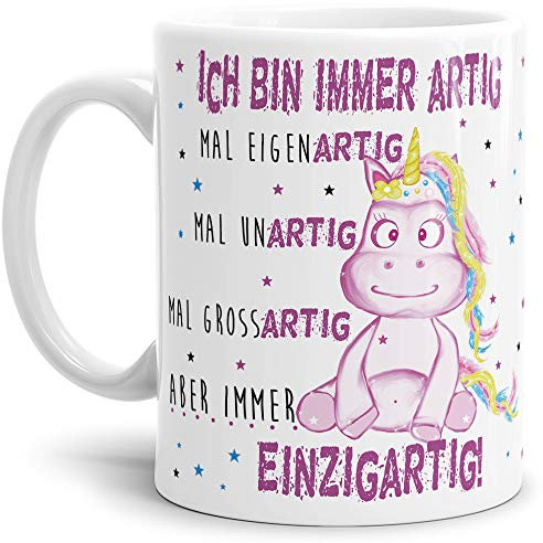 Einhorn-Tasse mit Spruch Immer Einzigartig - Unicorn/Geschenk-Idee/Freunde/Sterne/Weiss