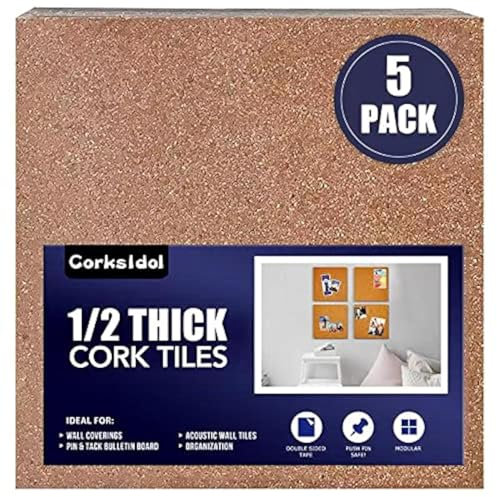 Corksidol Piastrelle in sughero, 30,5 x 30,5 cm, spessore 1,2 cm, bacheca in sughero, retro autoadesivo ultra resistente per pavimento/parete/fai da te, confezione da 5