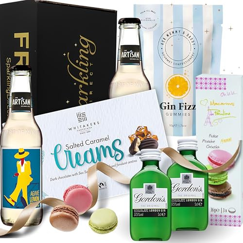 Gin Gift Set - Birthday Gifts for Women, Gin Hamper with 2 x 5cl Gordons Gin, Box of Macarons, Salted Caramel Chocolates, Gin Fizz Gummies, and 2 Bottles of Artisan Lemon Tonic