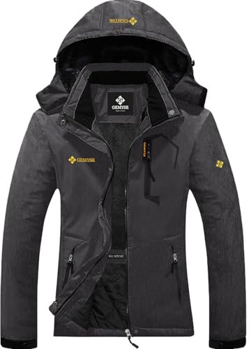 GEMYSE Damen Wasserdichte Berg-Skijacke Winddichte Skijacke Fleece Outdoor-Winterjacke mit Kapuze (Graphitgrau,M)