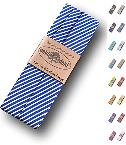 Sandras-Bastelladen Schrägband/Einfassband Baumwolle gefalzt 3m x 20mm - Streifen Muster 6004-Blau-Weiß