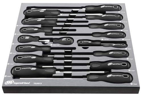 Ingersoll Rand 752012 Master Schraubendreher-Set mit EVA-Tablett, magnetisierten Spitzen, Sechskant-Schrauben, SVCM-Legierungswellen, weichen Griffen, Schlitz und Kreuzschlitz, 17-teilig