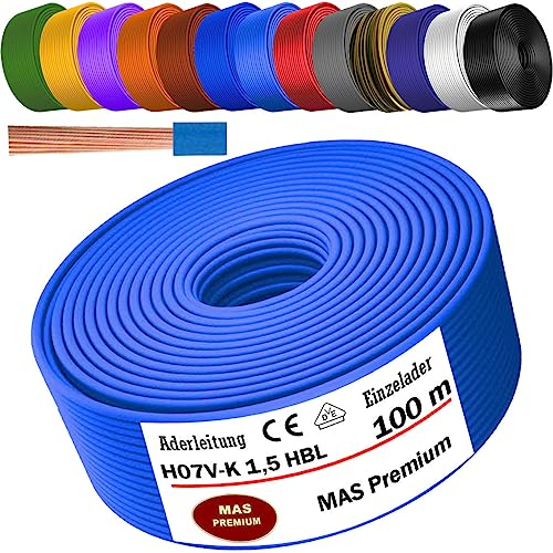 MAS Premium Von 5 bis 100m Aderleitung H07 V-K 1x1,5 mm² SW, HBL, GNGE, GN, RT, DBL, BR, OR, GR, WS, VIO, U-MAR.BL oder GE Einzelader flexibel (Hellblau, 100m)