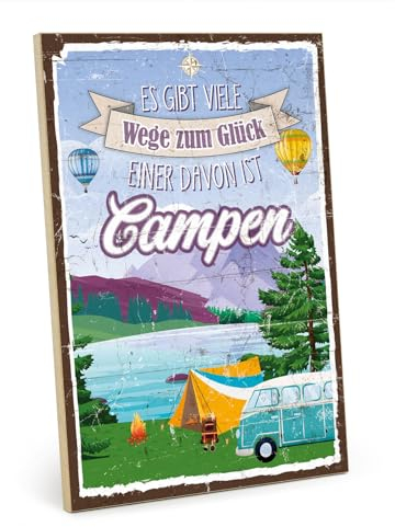 TypeStoff Holzschild mit Spruch – Campen – im Vintage-Look mit Zitat als Geschenk und Dekoration zum Thema Camping und Glück - HS-01127