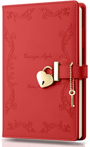 Diary with Lock and Key for Girls, 192 Pages Vintage Leather Heart Shaped Locking Journal Notebook, A5 Cute Locked Secret Diaries for Women (Red)