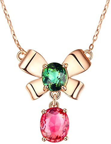 Rose Gold Pendant Necklace, 18K Rose Gold Pendant Necklace Bowknot with Green and Red Tourmaline 2.83ct with 45+5cm Extender Rolo Chain