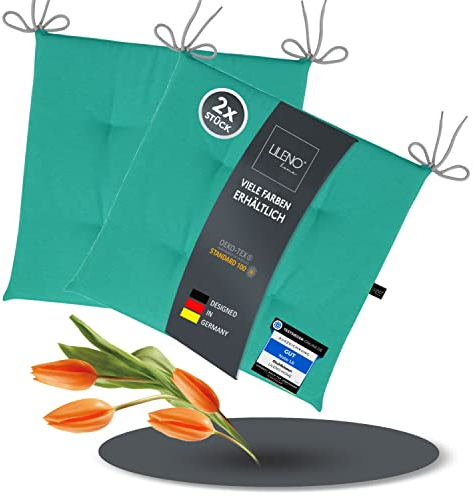 LILENO HOME 2er Set Stuhlkissen Türkis (40x40x4,5 cm) - Sitzkissen für Gartenstuhl, Küche oder Esszimmerstuhl - UV-beständige Indoor u. Outdoor Stuhlauflage als Stuhl Kissen (Laura FUM)