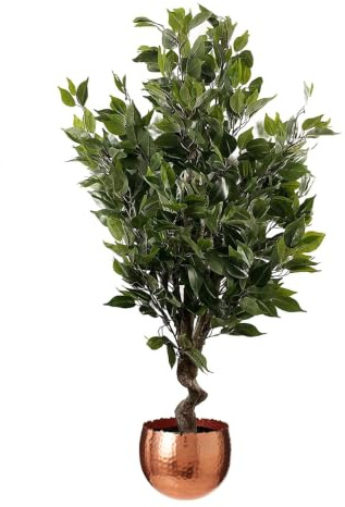 Leaf Tropical Artificial Plant in Metal Planter, Mixed Materials, Green Ficus Twist Copper Curve, 110cm