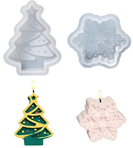 Christmas Candle Moulds,2PCS Christmas Tree and Snowflake Candle Moulds for Candle Making,Christmas Chocolate Moulds Soap Fondant Candy Molds for Christmas Party Decor DIY Craft,Cake Decorating Tools