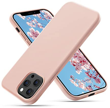 CALOOP Slim-Fit for iPhone 12 Pro Max Case,Skin Soft Liquid Silicone,Sturdy Shockproof Hard Frame Cover with Anti-Scratch Microfiber Lining,Robust Full Protection for Screen and Camera(Sand Pink)