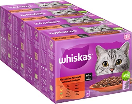 Whiskas 7+ Katzenfutter Klassische Auswahl in Sauce, 12x85g (4 Packungen) – Hochwertiges Nassfutter ab dem 7. Lebensjahr in 48 Portionsbeuteln