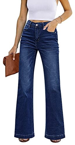 Roskiky Pantalon évasé pour femme, coupe large, baggy, taille haute, stretch, pour femme, Bleu profond, XS