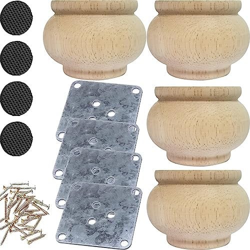 Btibpse 2 Inch Wooden Furniture Legs, Solid Wood Unpainted Replacement Furniture Legs, Cabinet Legs/Desk/Sofa/Bookcase Bun Feet, DIY Wooden Round Legs with Mounting Plate & Screws Set of 4 (2 Inch)
