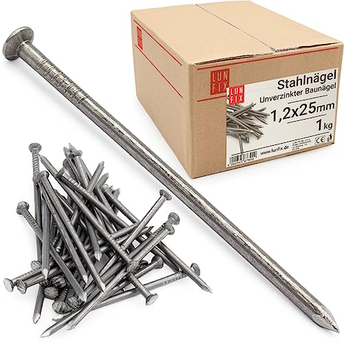 Lun Fix Stahlnägel 1,2 x 25 mm - 1kg (ca. 5540 stk.) Holznägel für Bauarbeiten Unverzinkter Baunägel Nägel 25mm lang Drahtstifte Nägel Senkkopf blank unverzinkt für Tischlerarbeiten, DIY, crafts