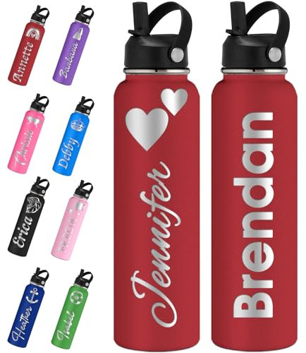 Xihedfd Personalised Water Bottles with Straw Lid 700ml/950ml/1150ml Custom Engraved Name Logo Stainless Steel Bottle Customised Insulated Thermos for School Sport Gym Work