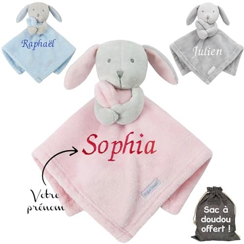 KDO MAGIC Doudou personnalisé avec prénom - Peluche Lapin Fille, garçon Personnalisable - Cadeau de Naissance, Anniversaire, baptême, bébé, Enfant (Rose)