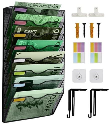 IOUGDSEC 8 Tier Mesh Hanging File Organizer Vertical Wall File Organizer Wall File Holder for Office School Home, Nametag Label Hooks Set Included