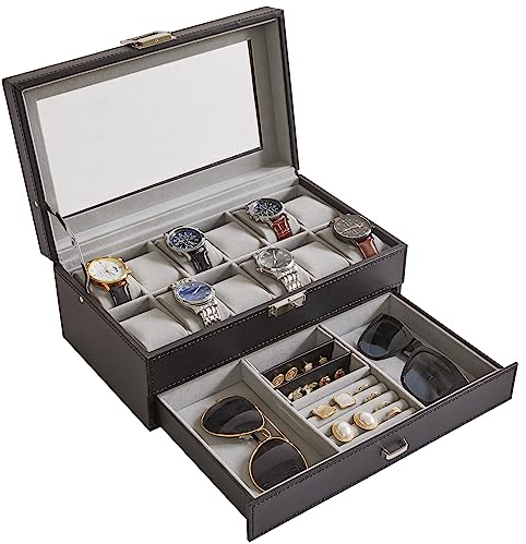 IBUYKE Uhrenbox 12 Slots PU Leder Uhrenetui für Männer Schmuck Display Schublade Fall mit Glasplatte, glatte Samt Futter JWB001B