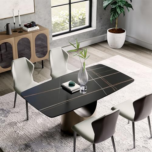 POVISON Esstisch modern mit 4 Stühlen,Esszimmertisch 160cm Essgruppe schwarz aus Sinterstein, Esszimmerstühle aus PU Leder für 4 Personen(Tisch + 4 Stühle)