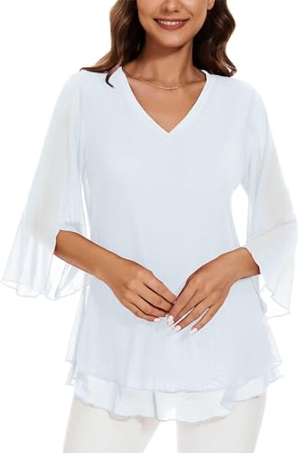 Actcat Damen Mesh Bluse 3/4 Arm Blumen Tunika Shirt Elegant Doppellagig V-Ausschnitt berteile Mesh Locker Longshirt Hochzeit Pullover Damen Bluse Damen elegant Slim Bright sexy Oberteil Damen
