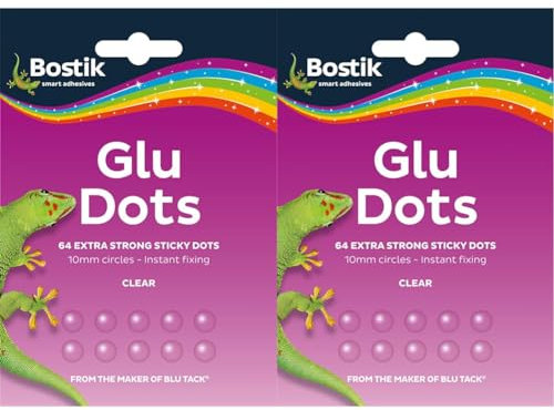 Bostik Extra Strong Glu Dots - Clear, Double-Sided, Extra Strong, No Mess, x64 Glu Dots (Pack of 2)