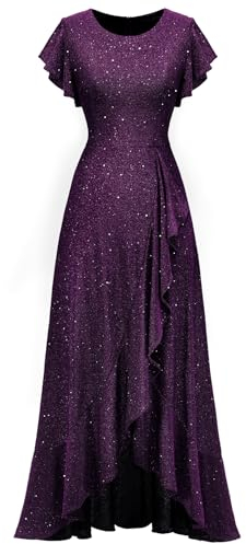 Berylove Abendkleid Lang Elegant für Hochzeit Brautjungfernkleider Rockabilly Kleid Cocktailkleid Damen Lange Abendkleider Mit Ärmel S007 Purple M